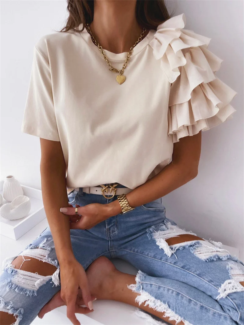 Women Summer Ruffles Short Sleeve Loose T Shirt Chic Elegant Solid O Neck Tops Casual Simple All Match Tee Streetwear Blouse