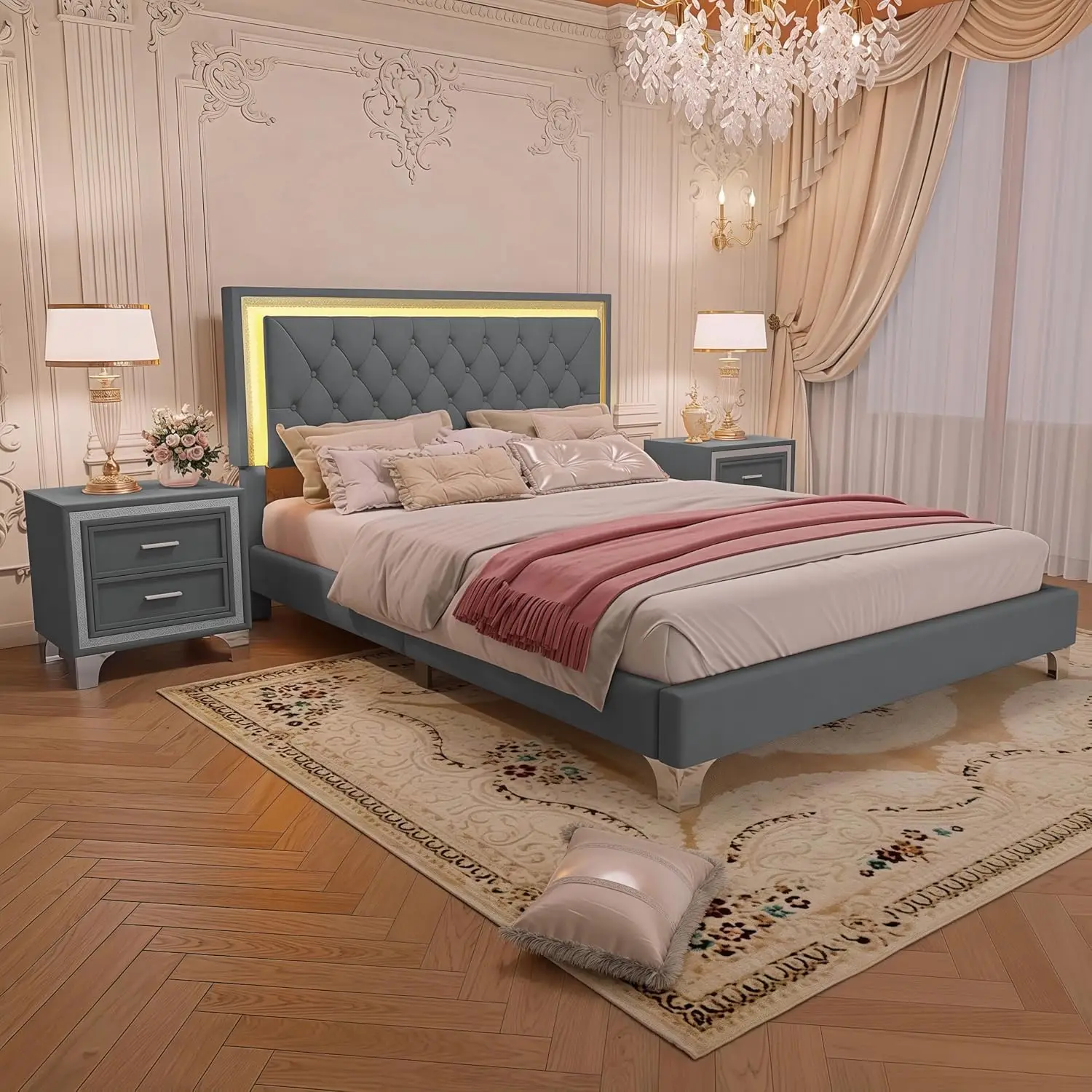 Queen Size Upholstered Platform Bed with LED Lights & 2 Nightstands, Gray, Customized - view 2