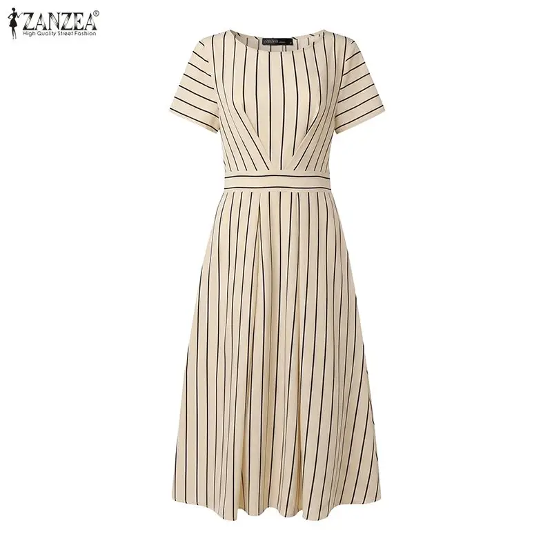 ZANZEA Stilvolles Damen-Kleid mit O-Ausschnitt und kurzen Ärmeln, gestreift, Sommerkleid, OL-Arbeitskleid, elegantes A-Linien-Midikleid mit Taille, Freizeitkleider – Detail 14