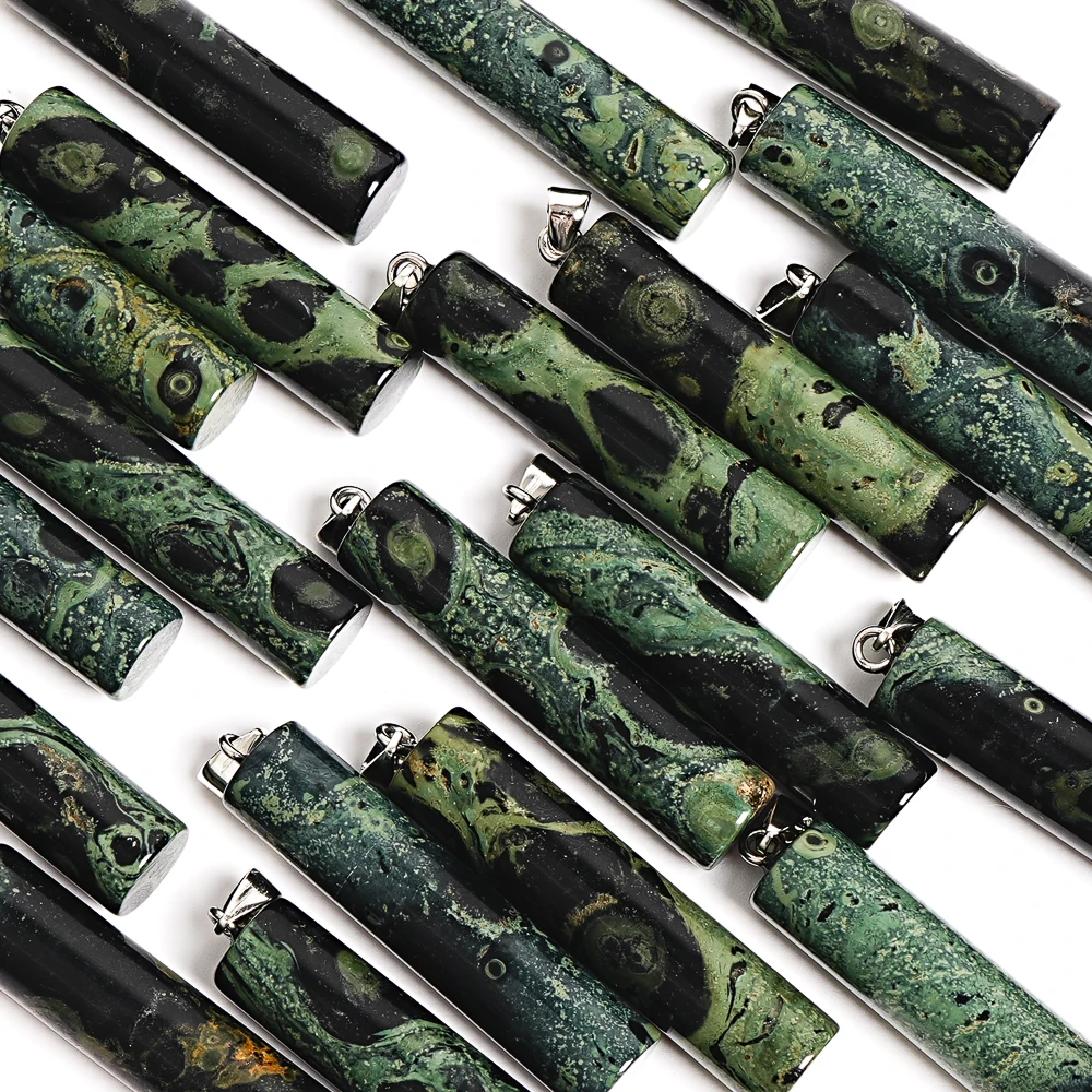 NATURAL GREEN GEMSTONE CYLINDRICAL PENDANT STONE 49X12MM FOR HEALING TRIBAL JEWELRY MAKING DIY NECKLACE BRACELET GIFT FOR HER