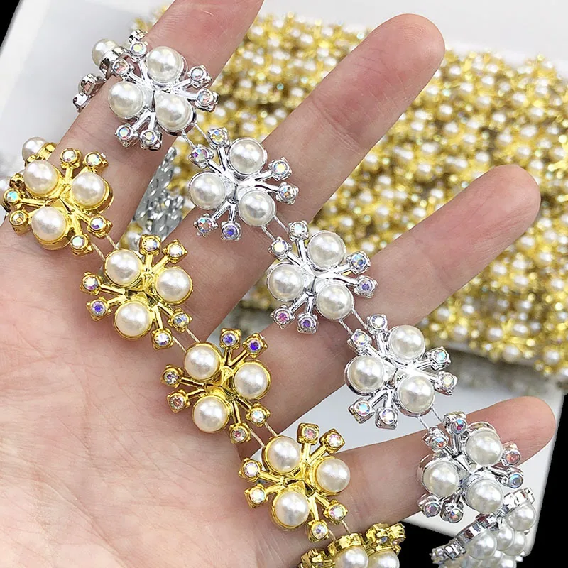 8 Yards 2cm Wide  Pearl Rhinestone Trim Chain Flower Shape Lace Trim For Wedding Dress Costume Shoes DIY Craft Decor Accessory