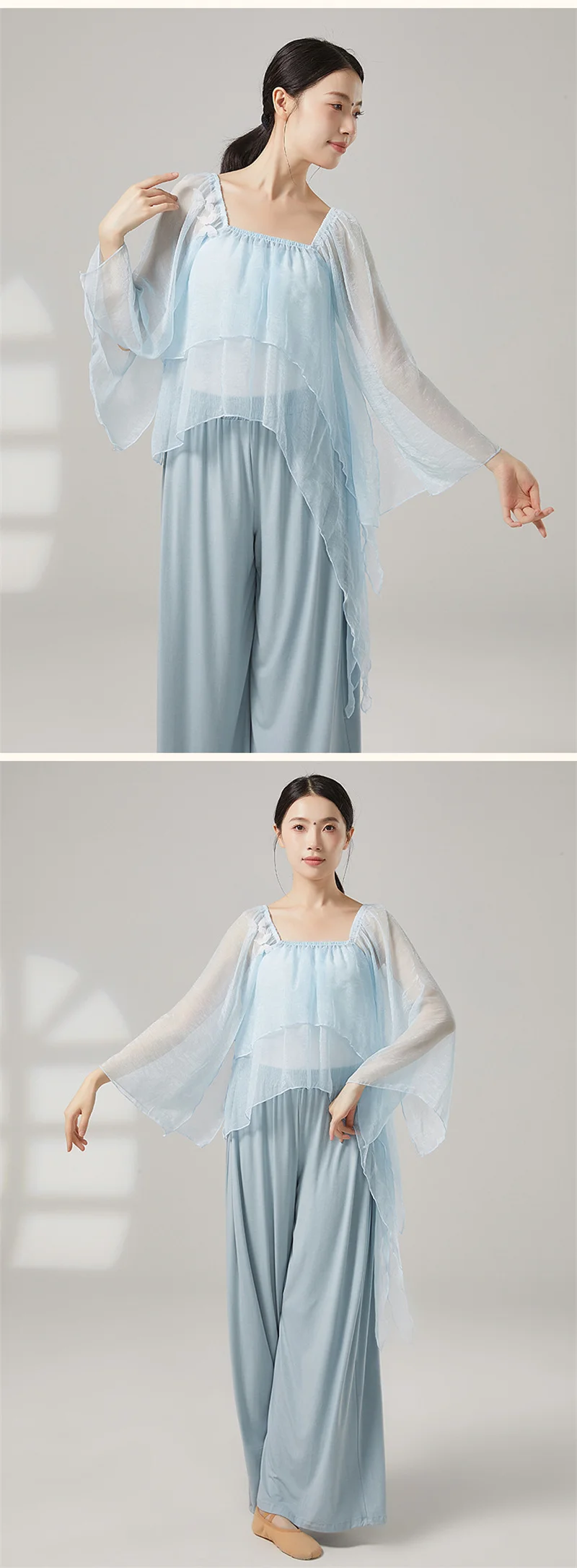 Damen-Oberteil für klassischen Tanz, durchsichtig, locker sitzende Chiffon-Bluse mit fließenden Ärmeln, chinesisches Volkstanz-Übungskostüm für Bühnenauftritte – Detail 6