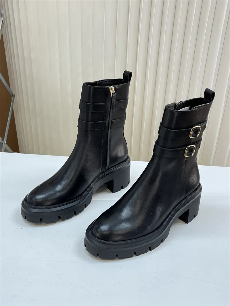 Withered Thick Heel High Rise Ankle Boots Winter Zipper Leather Short Boots Thick Bottom Belt Buckle Motorcycle Boots Women's