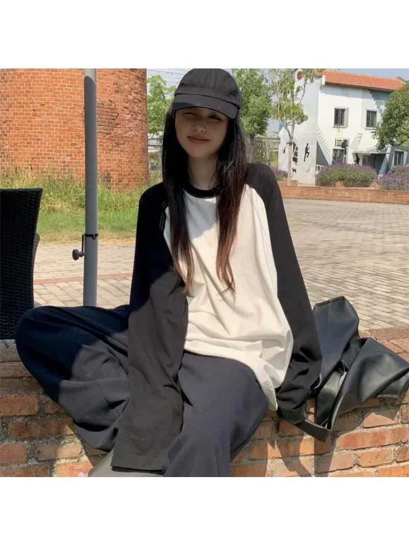 Casual Oversized T Shirt Y2k Tops Harajuku Long Sleeve O-Neck T-Shirts Spring Autumn Black White Patchwork Tees Women Streetwear