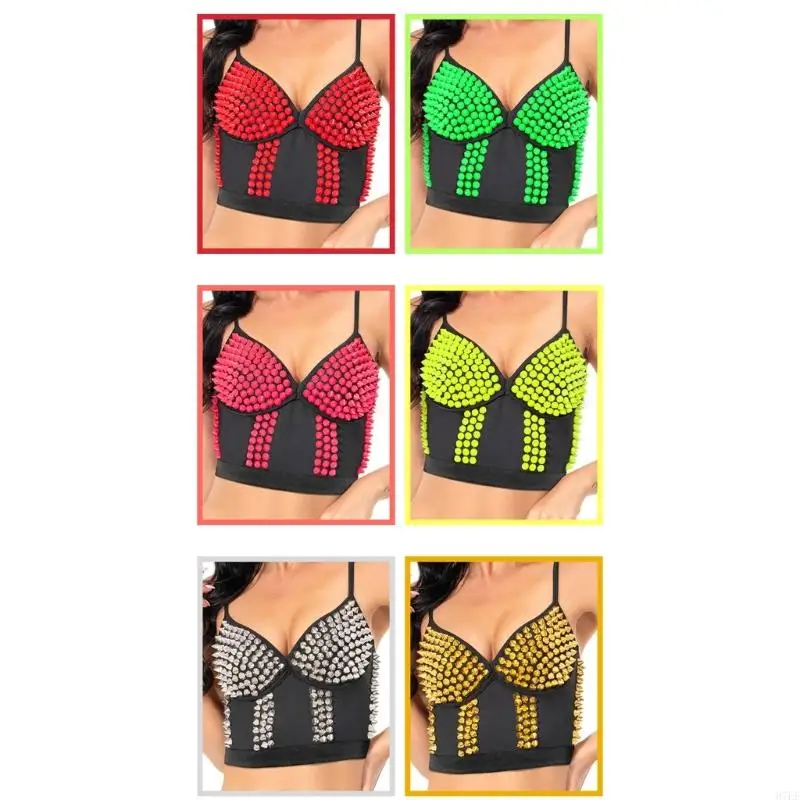 Mulheres Bustier Crop Top Punk Rivets Push Up Corset Top Bra para Festas Clube Racer H7EF