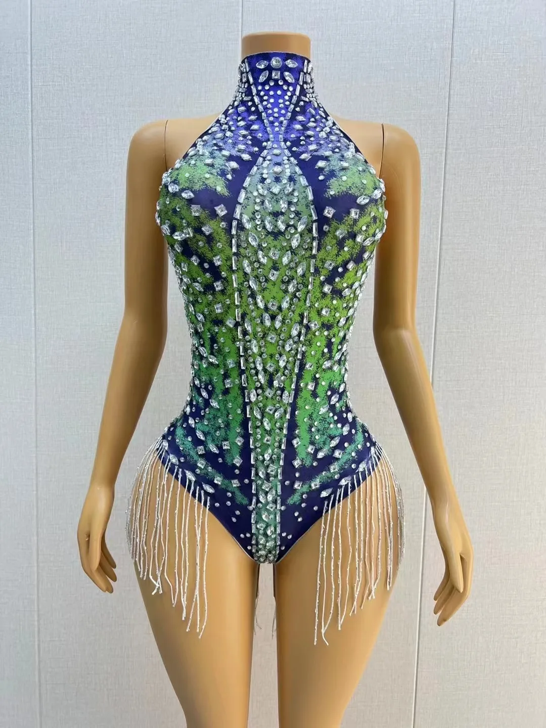 Sexy Stage Blue Green Silver Rhinestones Fringes Sleeveless Stretch Tassels Bodysuit Birthday Celebrate Party Photoshoot Costume