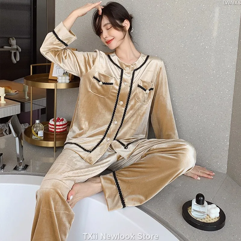 TXii Newlook Golden Velvet Women's Home Clothes Two-piece Set Women's Autumn New Simple Fashion Long-sleeved Pants Pajamas suit