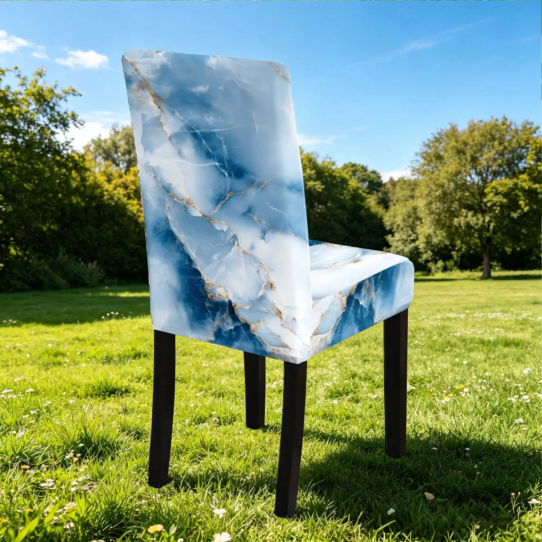2024 Summer Outdoor Elastic Chair Cover, Blue Marble Pattern Stretchable Seat Protector, Washable Fade - Resis