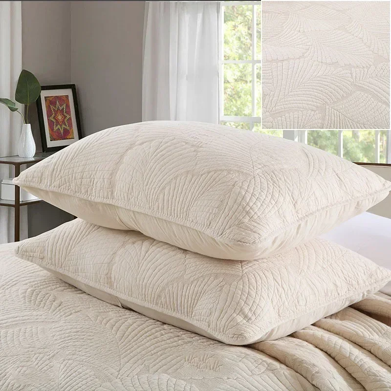 100% Cotton Fabric Quilted Pillowcase 2-Piece Embroidered Pillow Case  Soft and Thick Pillowslip Plain Color