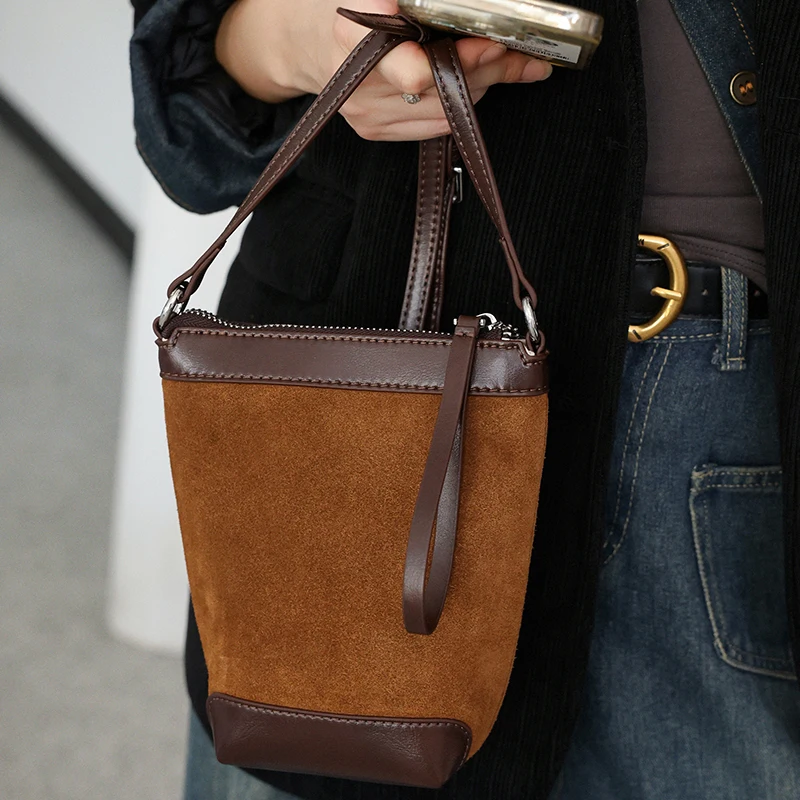 

Autumn and winter women's genuine suede Mini bucket bag, luxury designer handbags, top-grain leather commuting crossbody bag