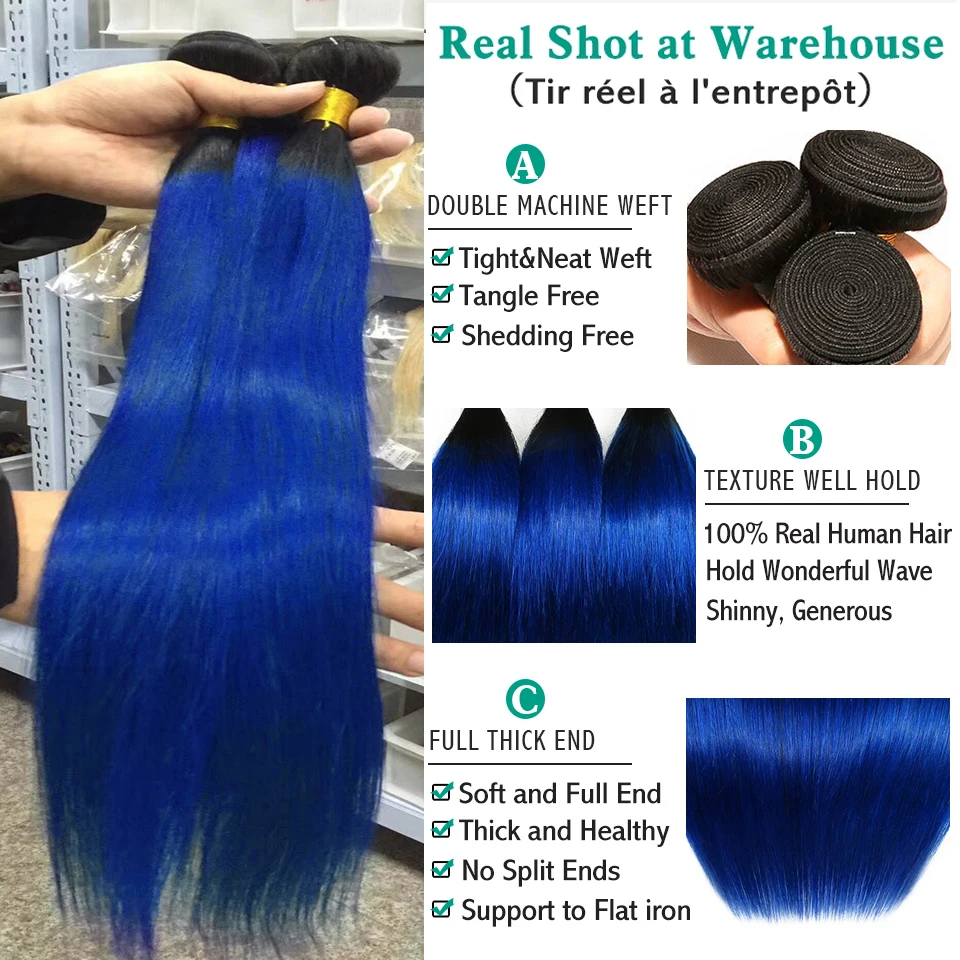 Sexay 1B Blue Straight Human Hair Weave 3 Bundles For Women 2 Tone Ombre Blue Human Hair Weave 4 Pieces For Black Women