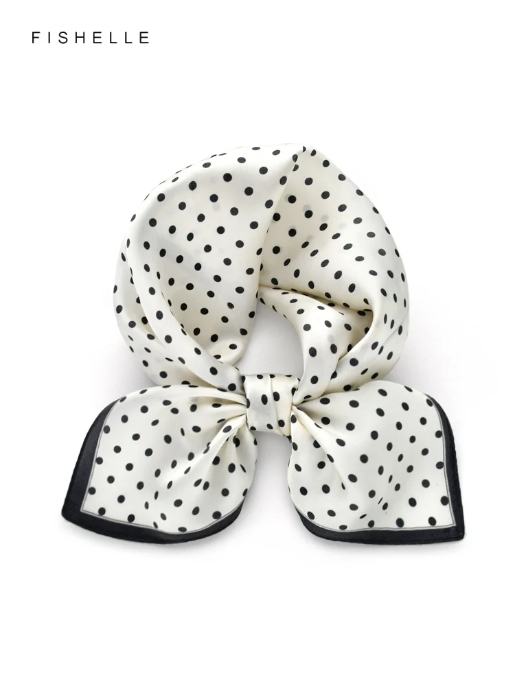 Retro Black natural silk scarf women with white dots 100% real silk scarves 50cm small square fashion wrap gift for ladies girl