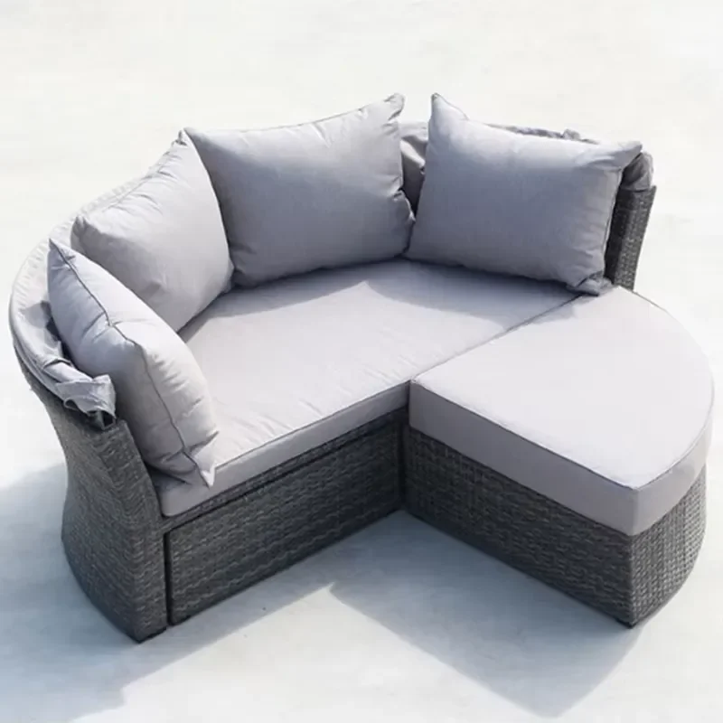 Durable Aluminum Rattan Outdoor Round Sofa Bed with Canopy for Garden Beach Hotel Villa Sun Lounger Wicker Furniture Aluminum