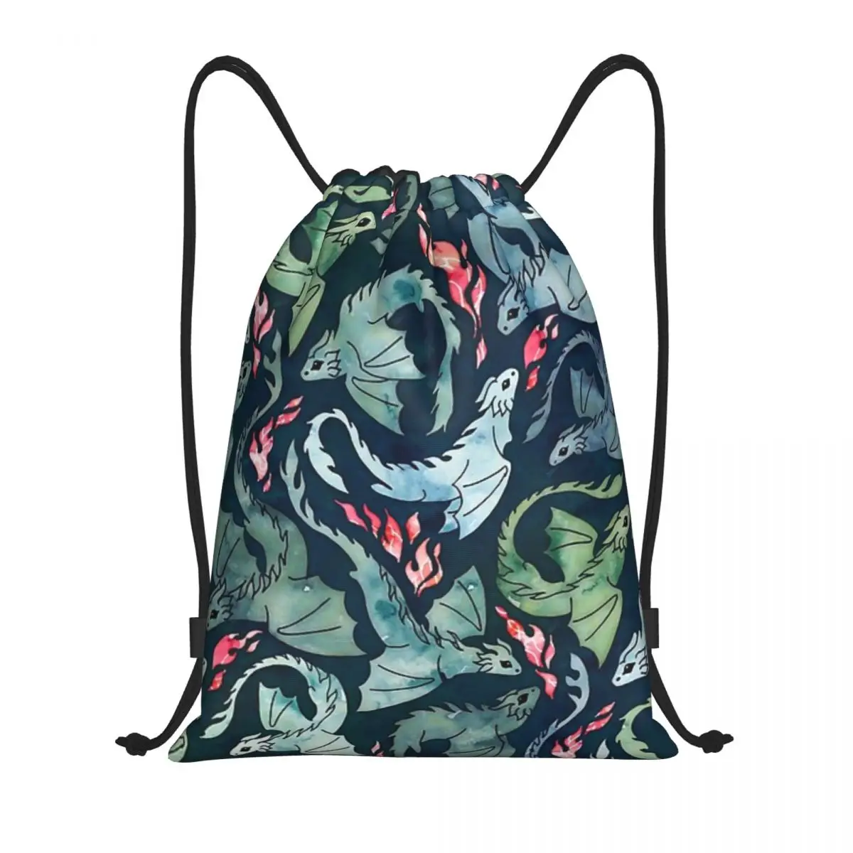 Custom Dragon Fire Dark Blue & Green Drawstring Pocket Backpack Men Women Lightweight Gym Sports Waterproof Backpack for Yoga