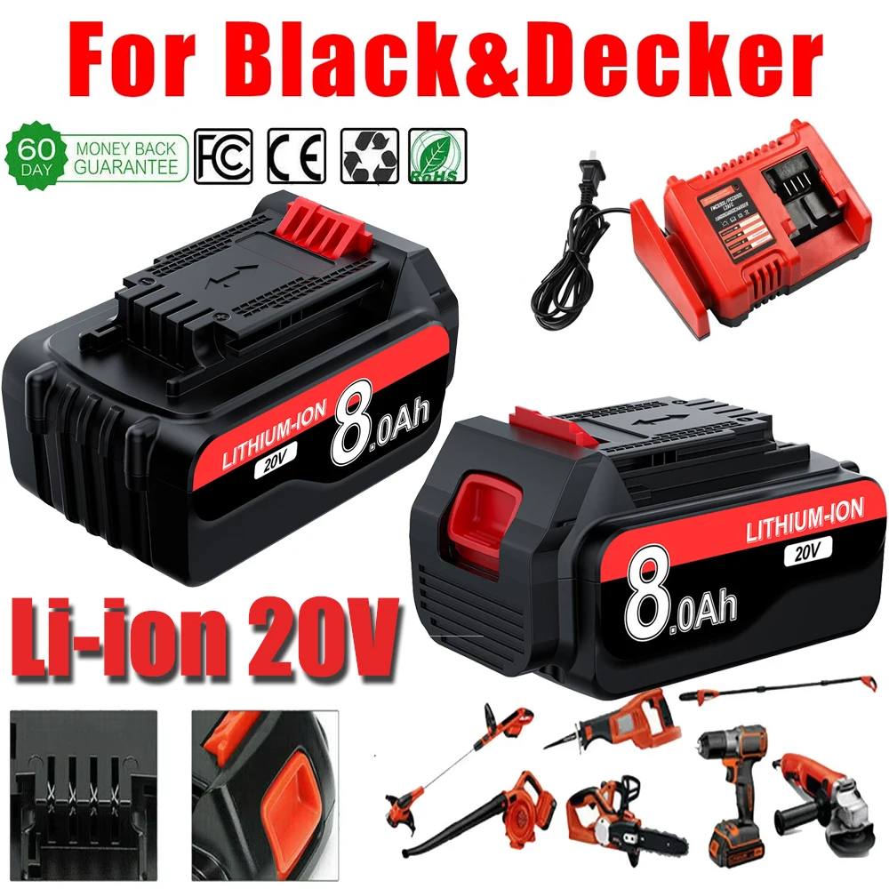 For Black Decker LBXR20 Lithium Battery 18/20V 8.0/3.0Ah LBXR20 LB20 LBX20 LBXR2020 LB2X4020-OPE Power Tools and Battery Charger