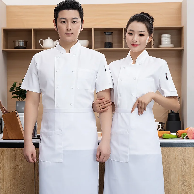 Chef Overalls Short Sleeve Thin Breathable Summer Hotel Dining School Canteen Pure White Double Breasted Kitchen Clothes Short S