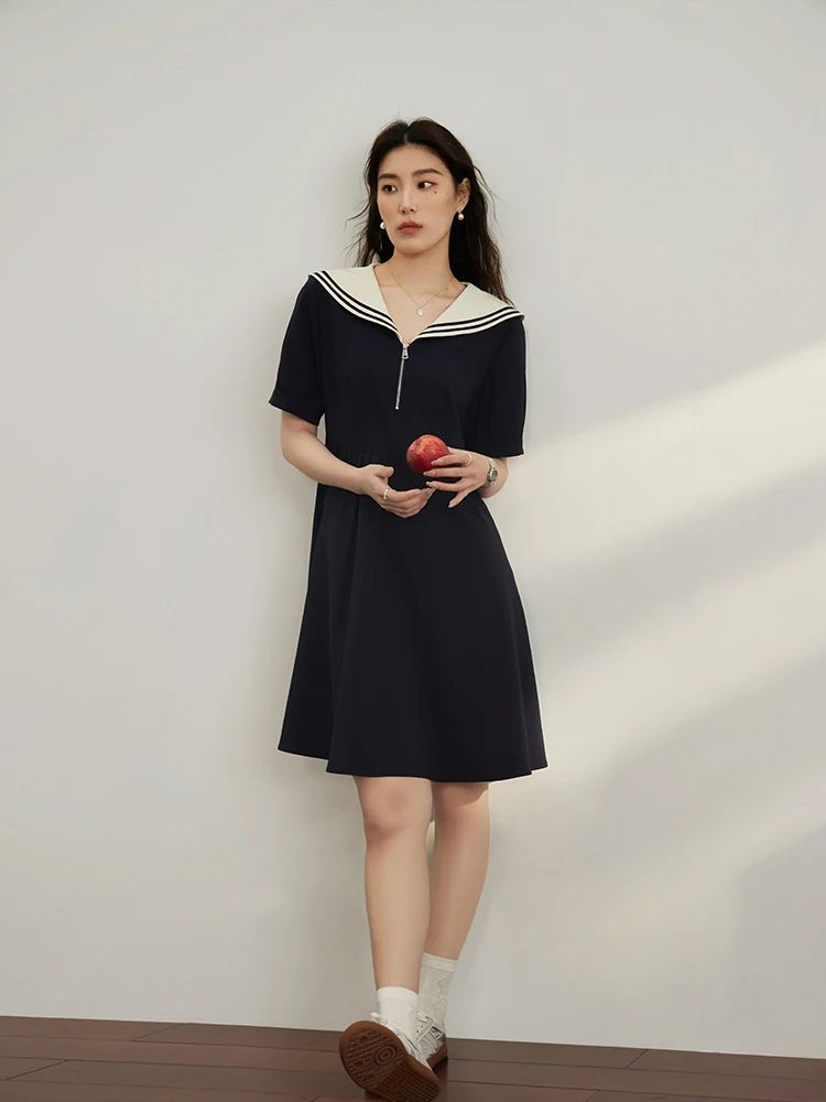 DUSHU Classic Style Navy Wind Contrast Color Age-reducing Dress for Women Summer New Zip Neckline Optional Length Dress Female