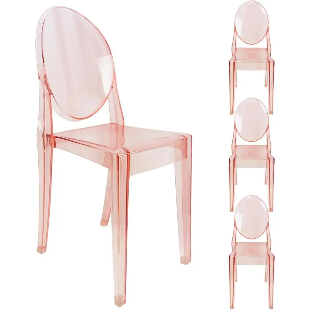 

Set o 4 Clear Pink Chairs, 15" Seat ern Acrylic Stacking Chairs, Kitchen and Dining Room, Circle-Back ArmlChair or Events, Weddi