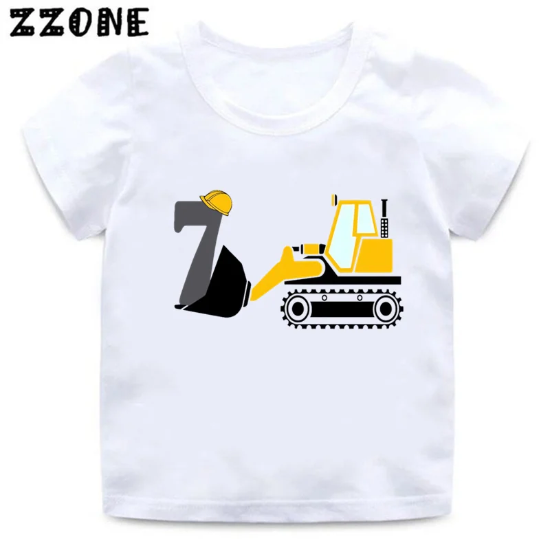 Excavator Car Print Cartoon Boys Clothes 1 2 3 4 5 6 7 8 9 Years Happy Birthday Number Kids T shirt Funny Baby Girls T-Shirts