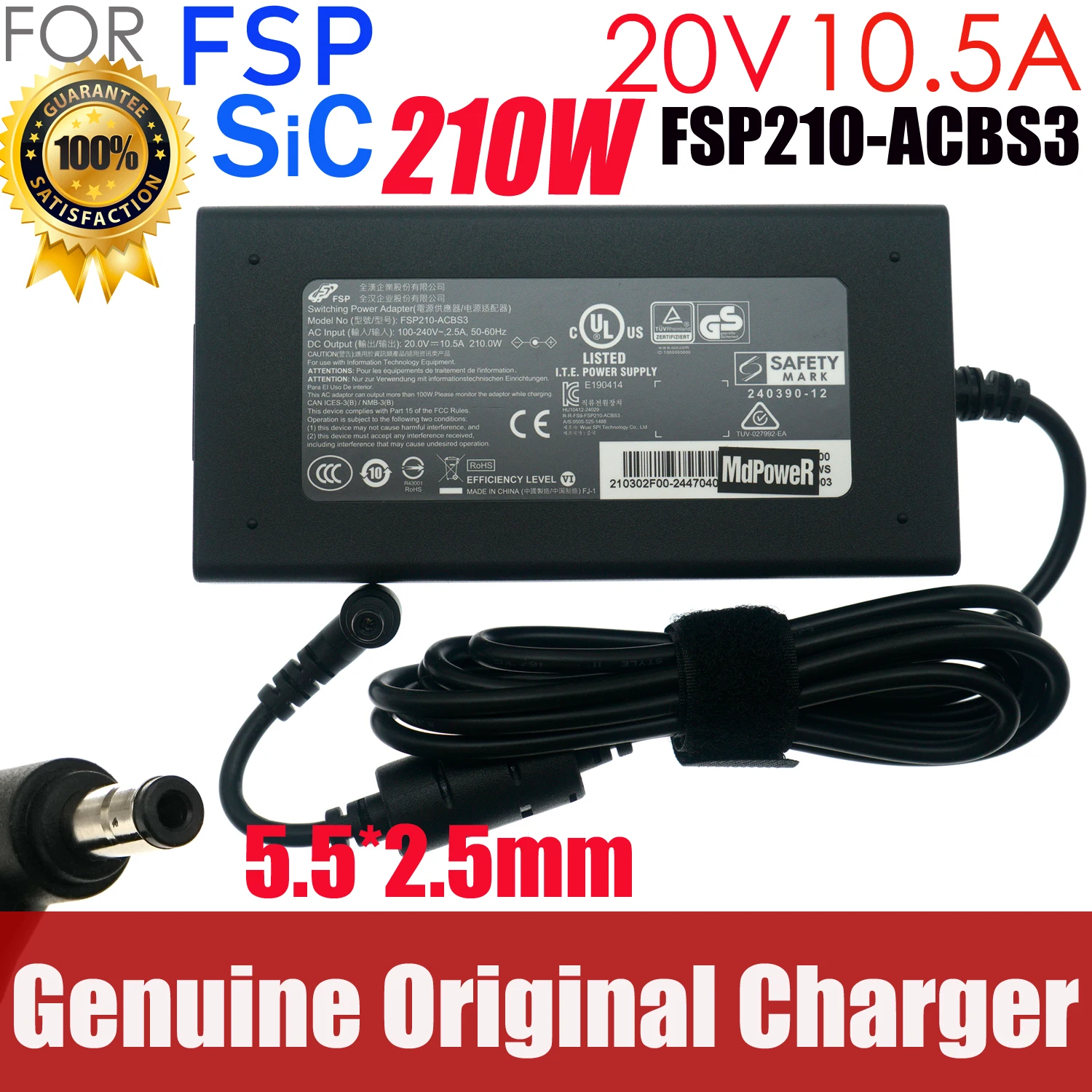 New Genuine FSP FSP210-ACBS3 20V 10.5A 210W 5.5x2.5mm SiC AC Adapter For MECHREVO Aurora X Gaming Laptop Charger Power Supply