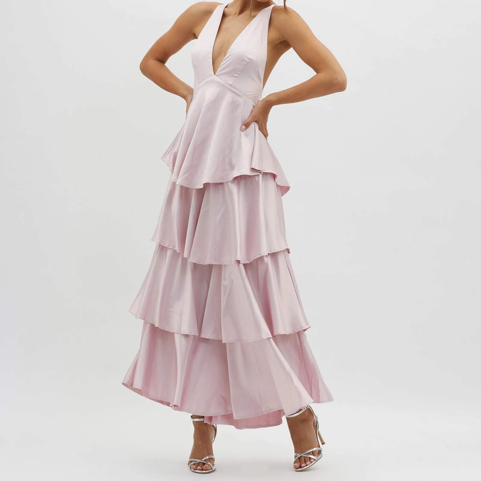 Mulheres elegantes deslizamento em camadas vestido sem mangas com decote em v sem costas tie-up vestido em camadas verão vestido longo para festa de cocktail