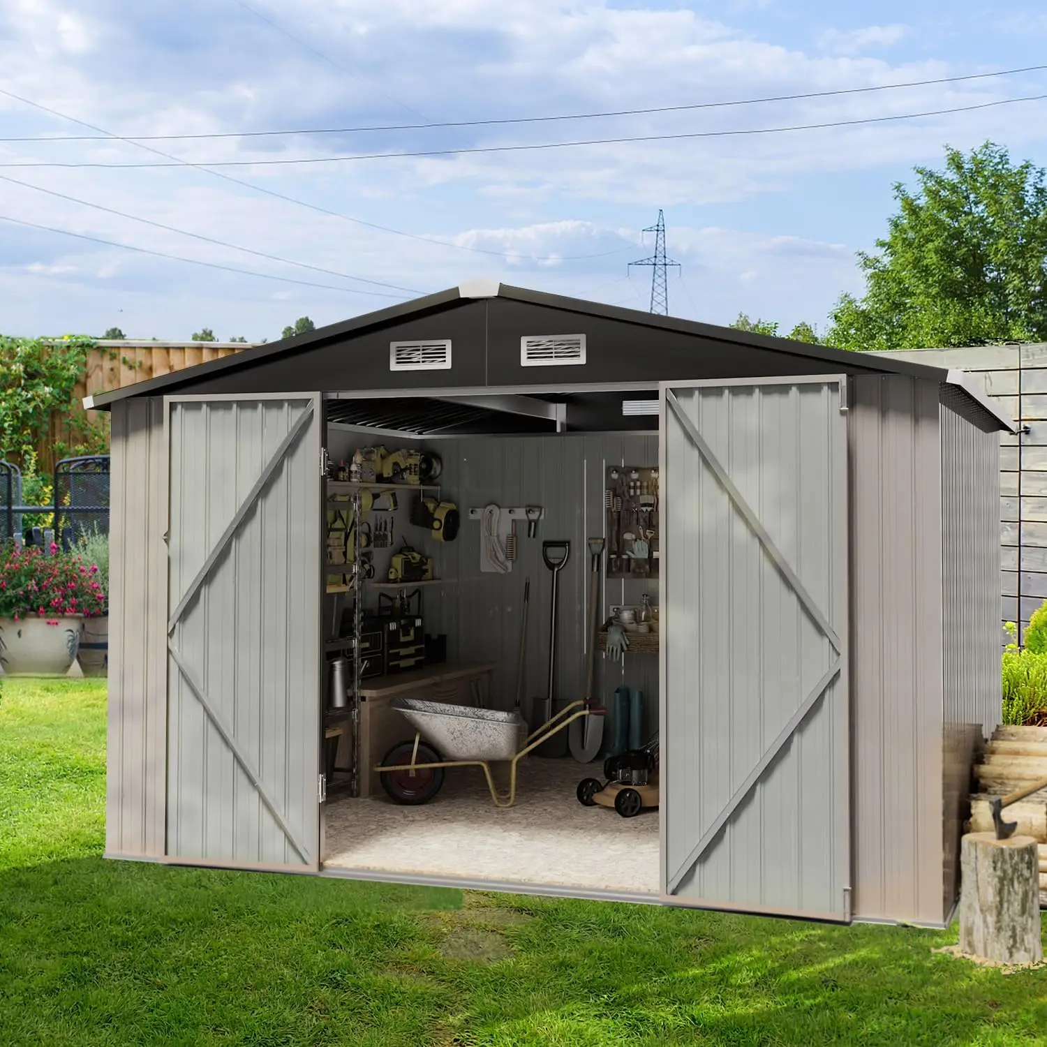 

9.7FT x 7.6FT Outdoor Storage Shed, Steel Utility Tool Shed Storage House with Door & Lock, Metal Sheds Outdoor Storage