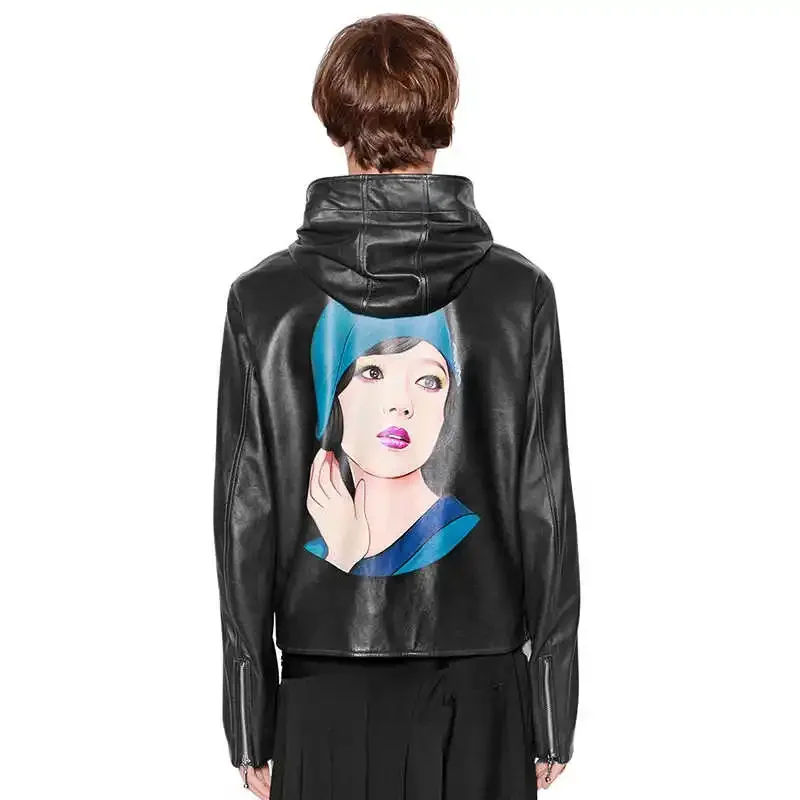 

YOJI OOAK LEATHER BIKER JACKET Черная куртка с капюшоном из овечьей кожи из кожи с принтом наппа