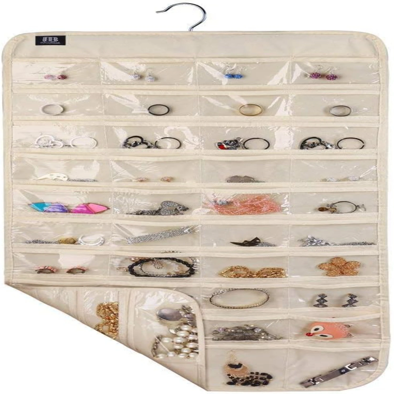 Elegant and Stylish Beige Brotrade Hanging Jewelry Organizer with 80 Pockets - Keep Your Precious Accessories Neatly Organized i