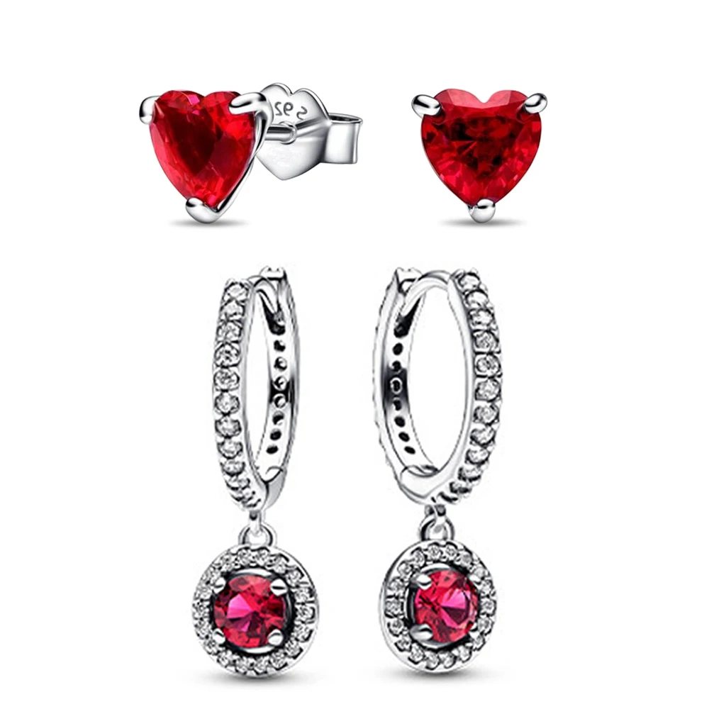 

Серьги с серебряным покрытием 925 пробы, красным камнем в форме сердца и круглым цирконием, классические женские ювелирные украшения