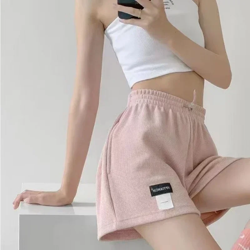 

Women's Summer Shorts - Elastic Waist Lace-Up Sweat Shorts, Sporty Drawstring Underpants, Comfortable Straight Leg Panties