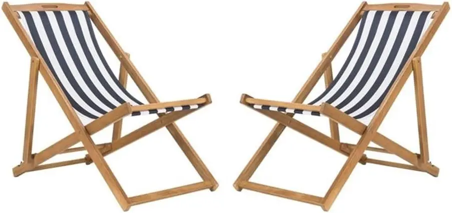 Two Piece Outdoor Folding Sling Chair Set Solid Wood Frame Striped Fabric Portable Bistro Chair Seating Set For Patio Poolside Backyard Natural Navy Stripe