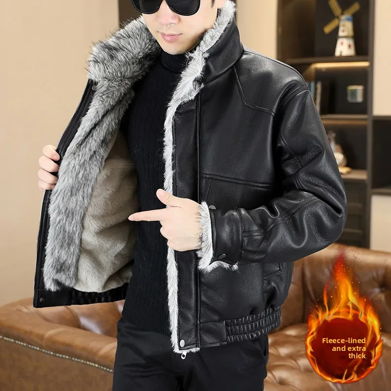 

High Quali Fce Lined Thiened Leather Jaet Men's Winter Faion Casual Trendy Motorcycle Sle Warm Sli Coat
