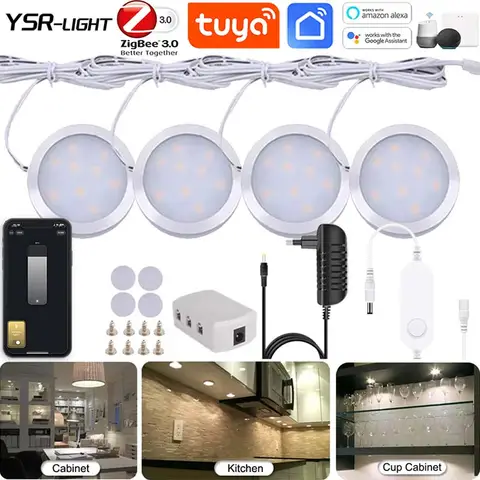 Zigbee-Lampe LED Ronde Blanche Chaude pour Décoration d'Armoire, Gradation Blanche Froide, Cuisine, Garde-Robe, Étagère, Commande Vocale, Alexa, Google, DC 12V, 3.0