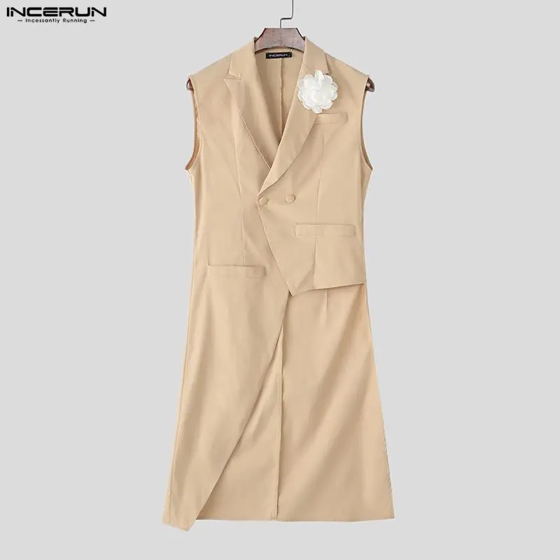 INCERUN Blazer Pria Model Irregular dengan Patchwork Bunga Tanpa Lengan, Jas Pria Streetwear Elegan, Fashion Kasual, Blazer Panjang untuk Pria