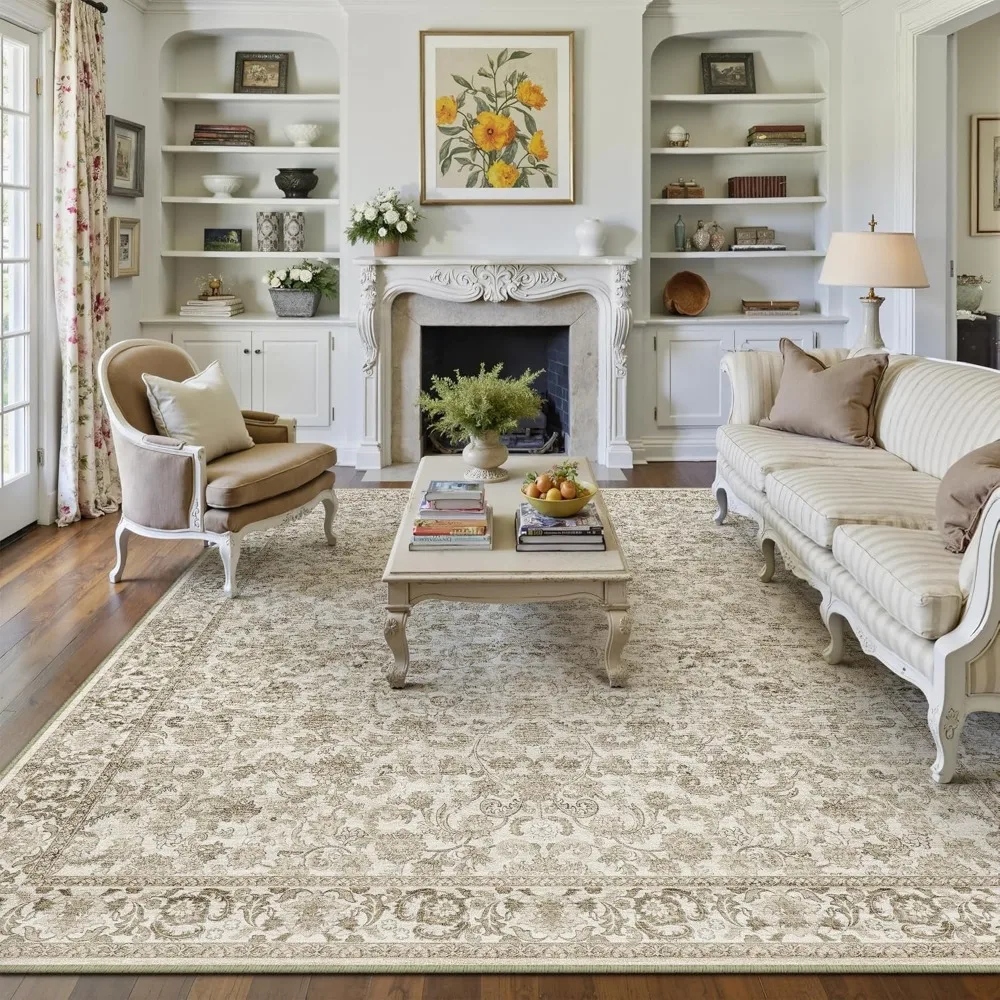 

Brown Area Rug 8x10 Machine Washable Living Room Rugs Distressed Neutral Vintage Floral Low Pile Carpet Bedroom Office Dining Ro