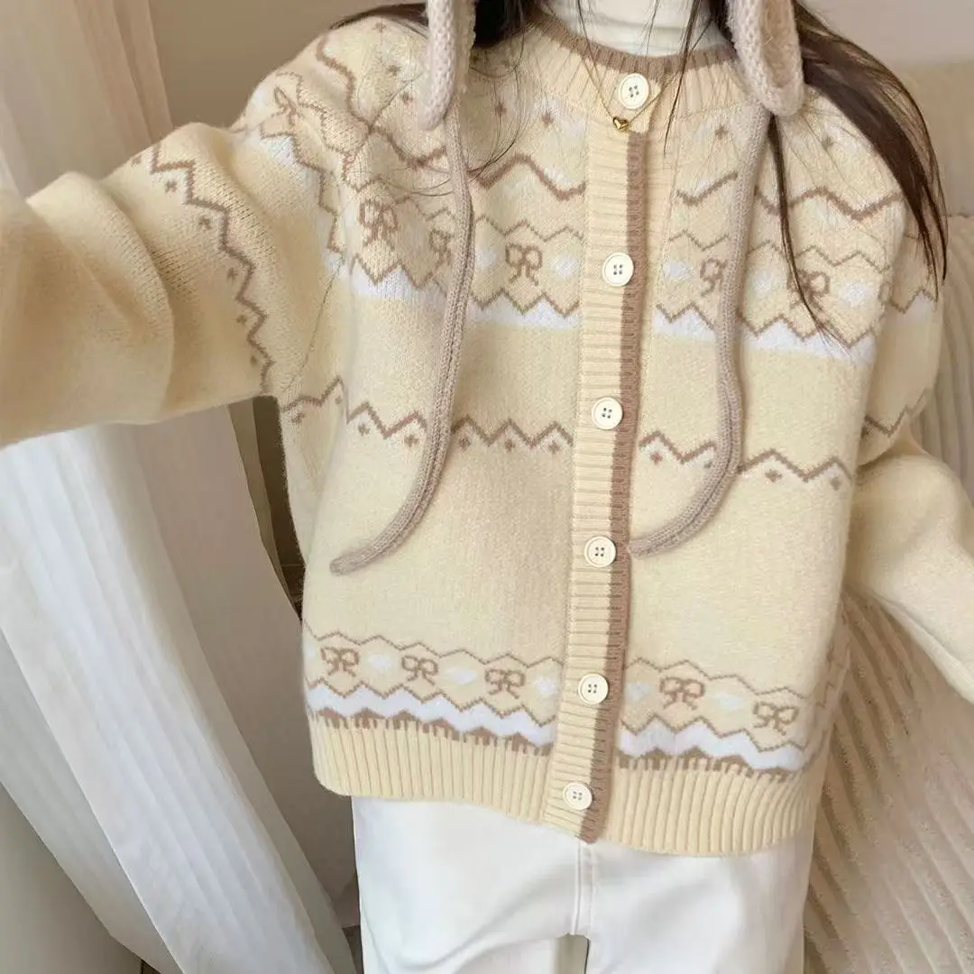 

Bow Fair Isle Jacquard Slim Knitted Sweater Woman Cardigans Long Sleeve Crewneck Outwear Korean Casual Single Breasted Cardigan