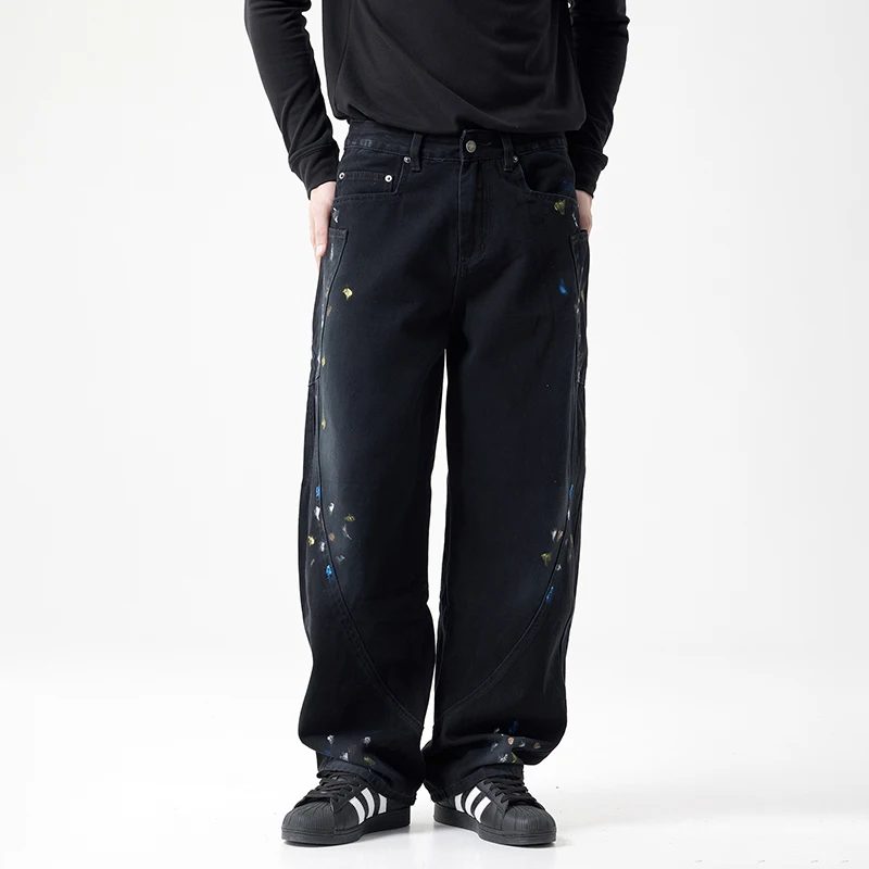 Hand Drawn Dyed Men's Jeans American Street Parkour Sweat2024 New Washed Casual Loose Straight Leg Men's Pants