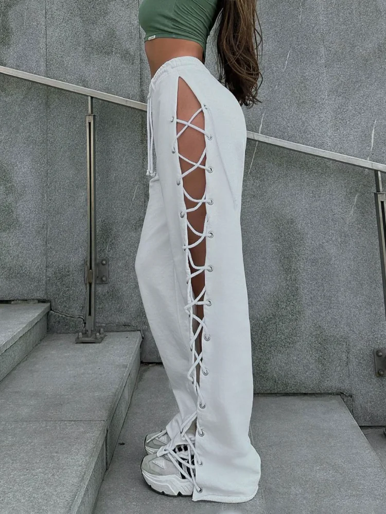 Women Knitted Slit Hollow Sweatpants Solid Tie High Waist Loose Sexy Hollow Out Trousers for Ladies Casual Streetwear Pants