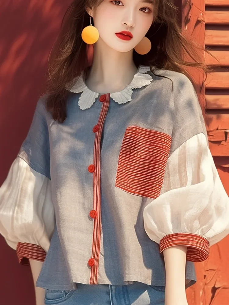 Chiffon Vintage frauen Hemd Sommer Neue Patchwork Koreanische Kleidung Verkäufe Lose Kurzen Ärmeln Tops Oansatz Frauen Blusen