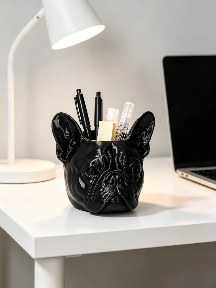 Black glossy French Bulldog head-shaped pen holder, durable PETG plastic pencil holder, quirky and unique dog-shaped desktop pen cup, multifunctional stationery organizer, desktop storage box, pen storage container, desktop organizer, can store makeup brushes and cosmetics, decorative accessory for office and study desks, creative gift for dog lovers, desktop decoration accessory