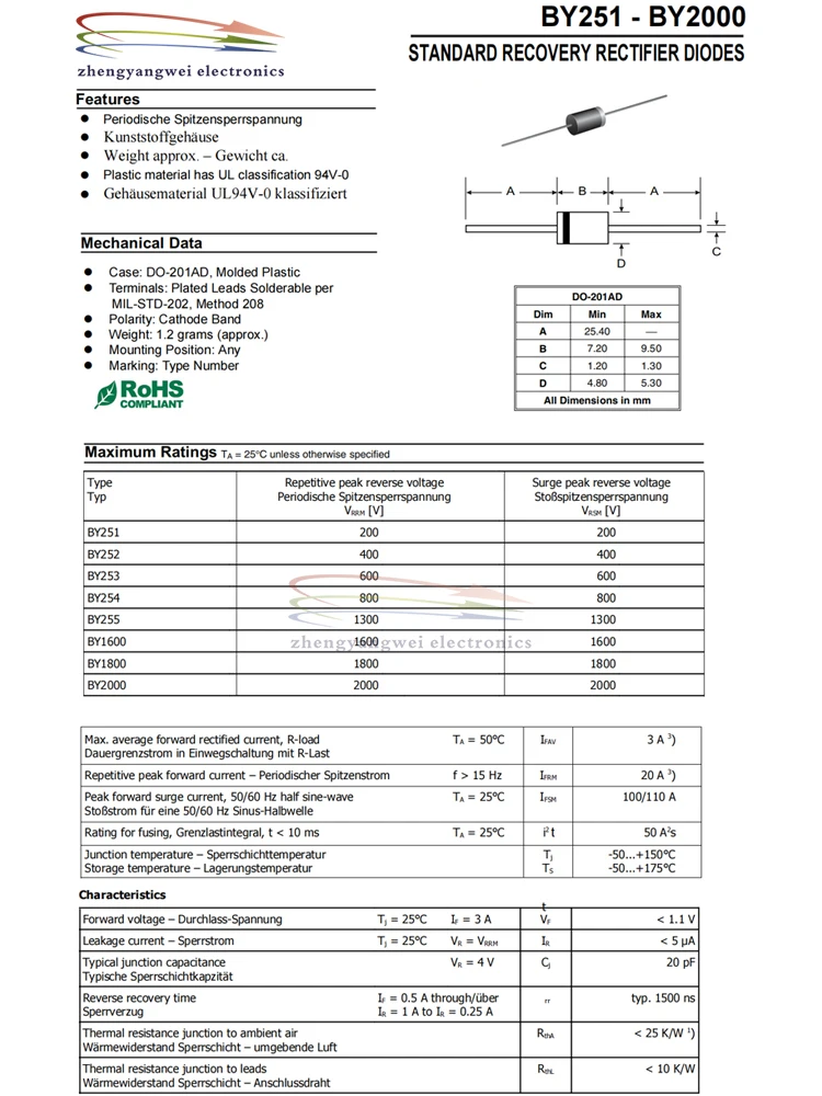 10PCS  BY1600 BY1800 BY2000 3A 1600V 1800V 2000V wheel type diode Fast Recovery Diode power rectifier diode