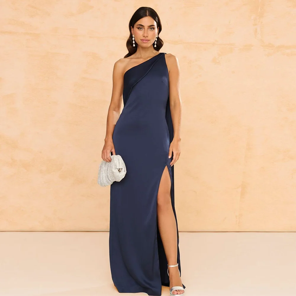 

Navy Blue Evening Dress Satin One Shoulder Draped Column Evening Gowns for Women Backless Criss-Cross Side Split sexy Prom Dress