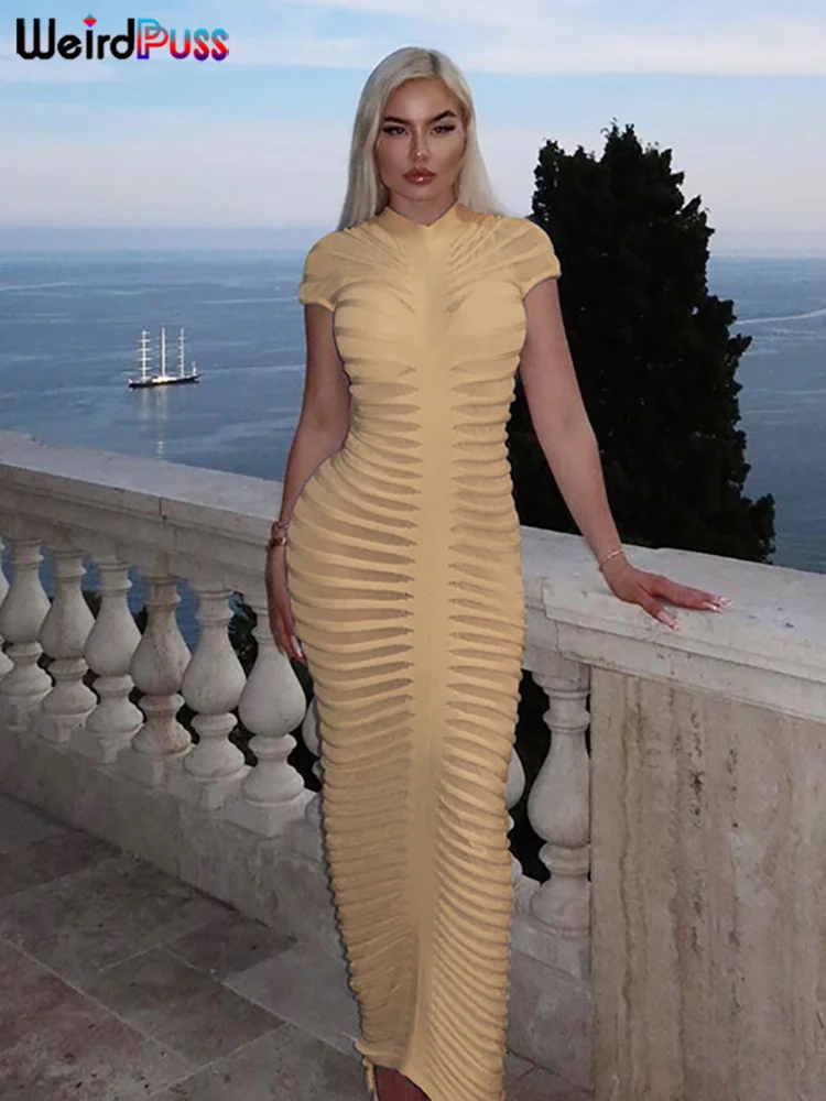 Weird Puss Elegant Shorts Sleeve Dress Women See Through Knit Striped Solid Skinny Stretch O-Neck Streetwear Bodycon Vestidos