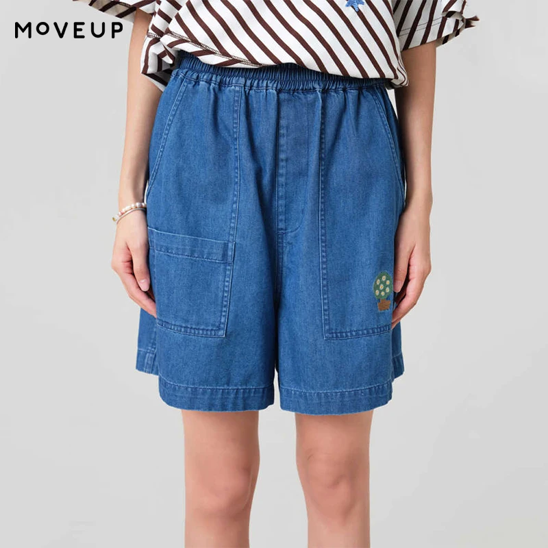

MOVEUP Casual Wide Leg Denim Shorts 2026 Summer New Cartoon Embroidery Pocket Elastic Waist Office Shorts For Women 3ELX40308