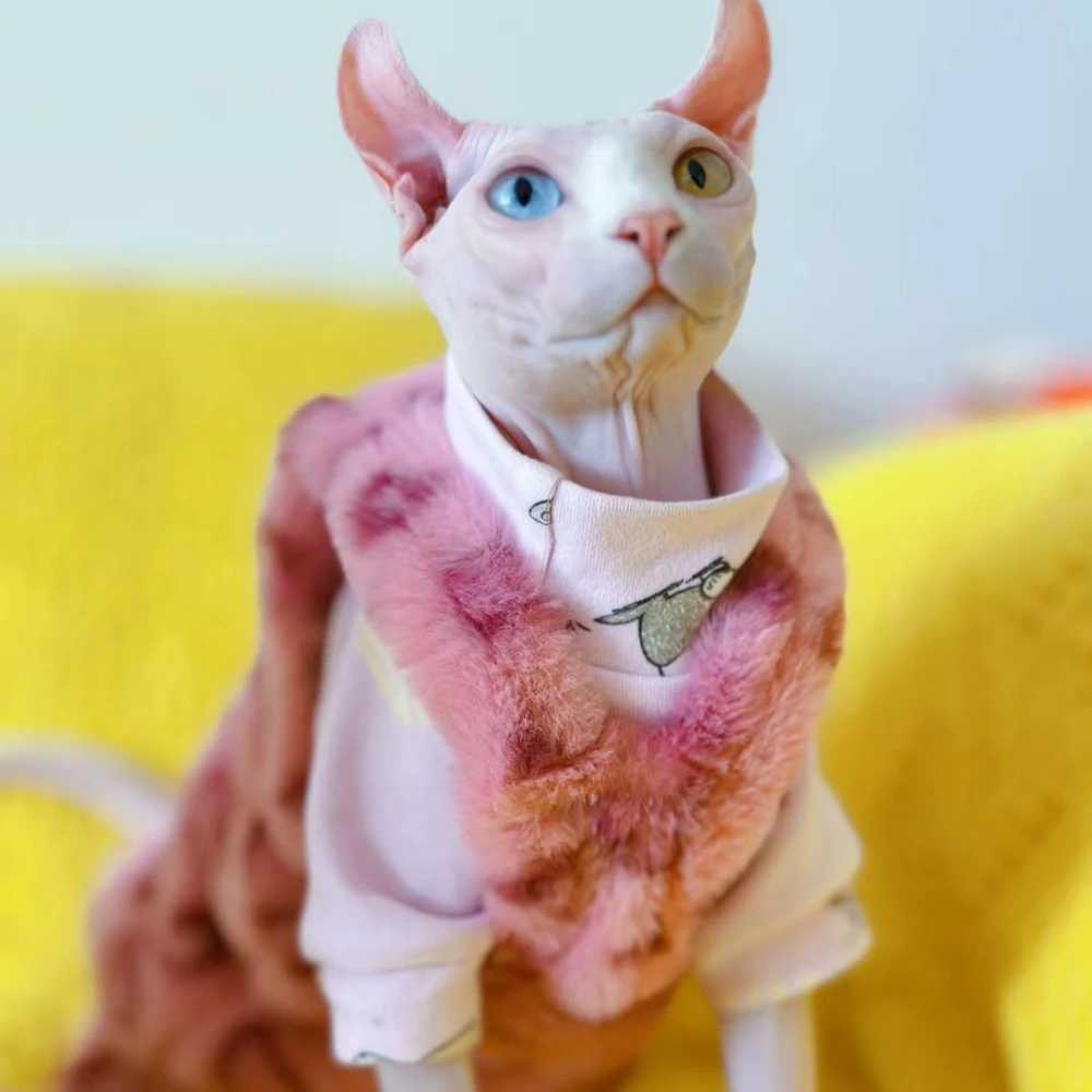 Sphynx Cat Clothing Warm Fleece 4-legged thick Coat for kittens Soft Winter Pink Leopard Sweater Vest For Devon Rex in Winter