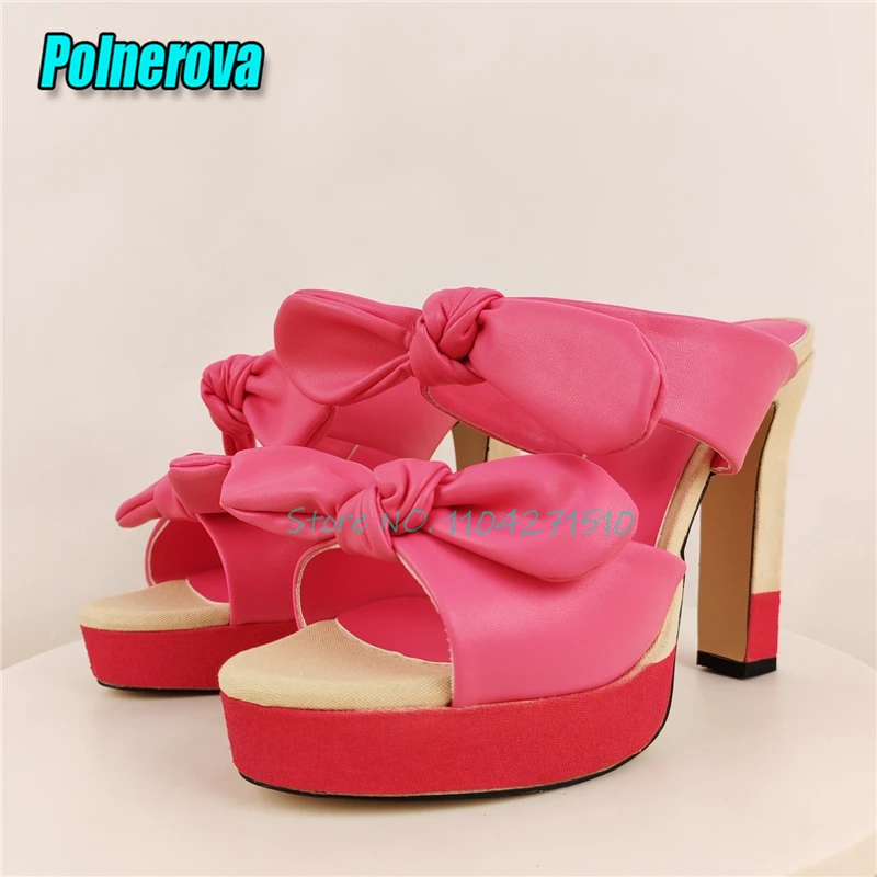 

Милые розовые тапочки на платформе с бантом для женщин, разноцветные босоножки с открытым носком на толстом каблуке, новая летняя модная обувь для вечеринок с полыми отверстиями