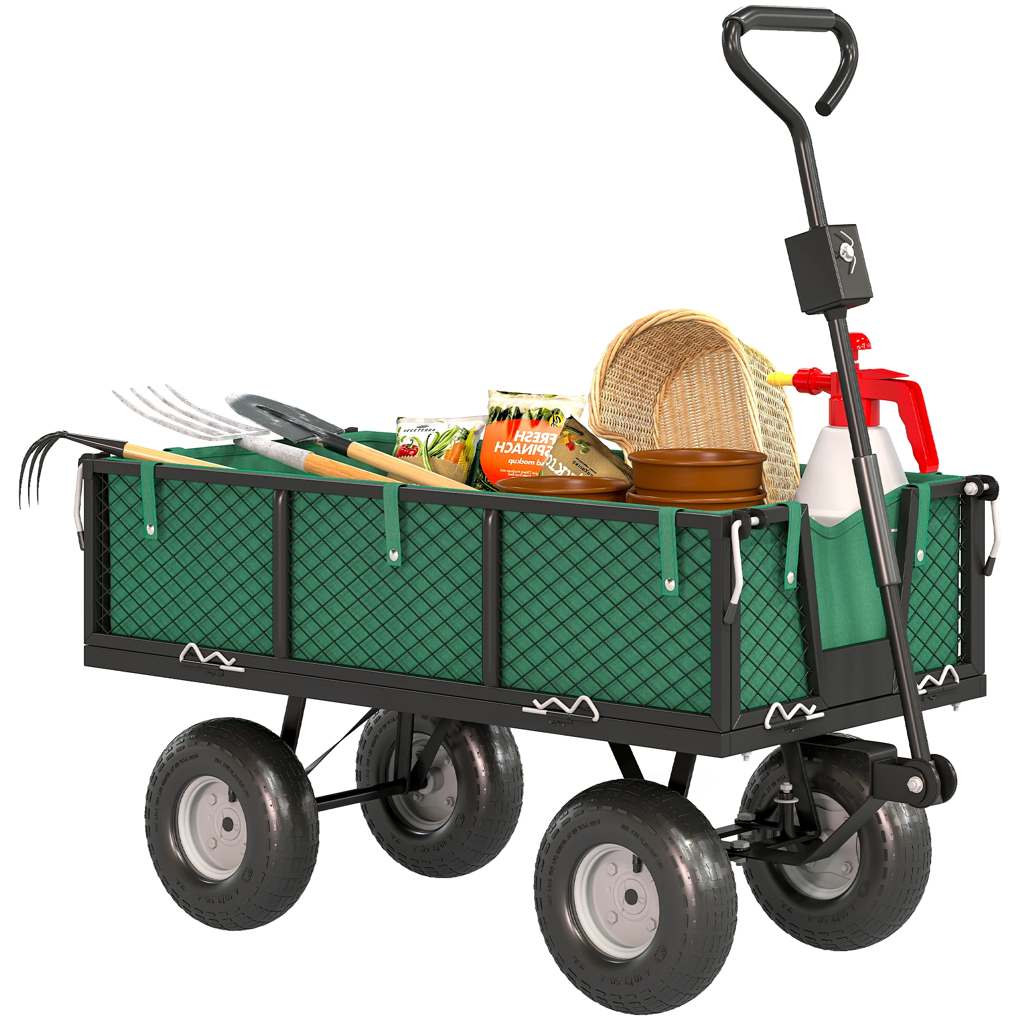 Outsunny Carrito de Jardín 300 kg con Ruedas Grandes, Asa Ajustable y Bolsa Impermeable Verde