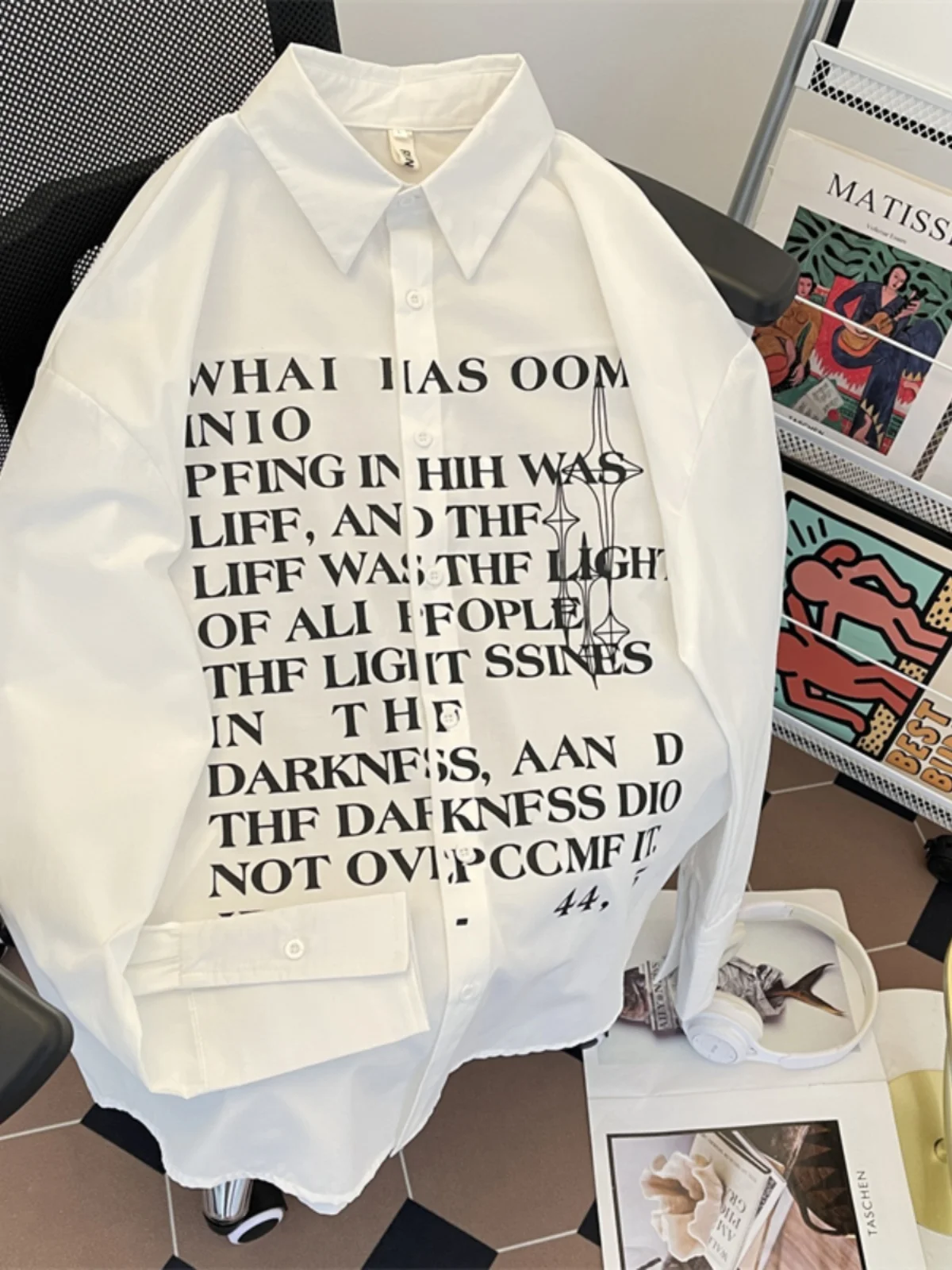 

Casual Long Sve Letter Print irt Men's Spring Autumn High Street Cleanfit Loose Trendy Thin Outerwear Youth Faion