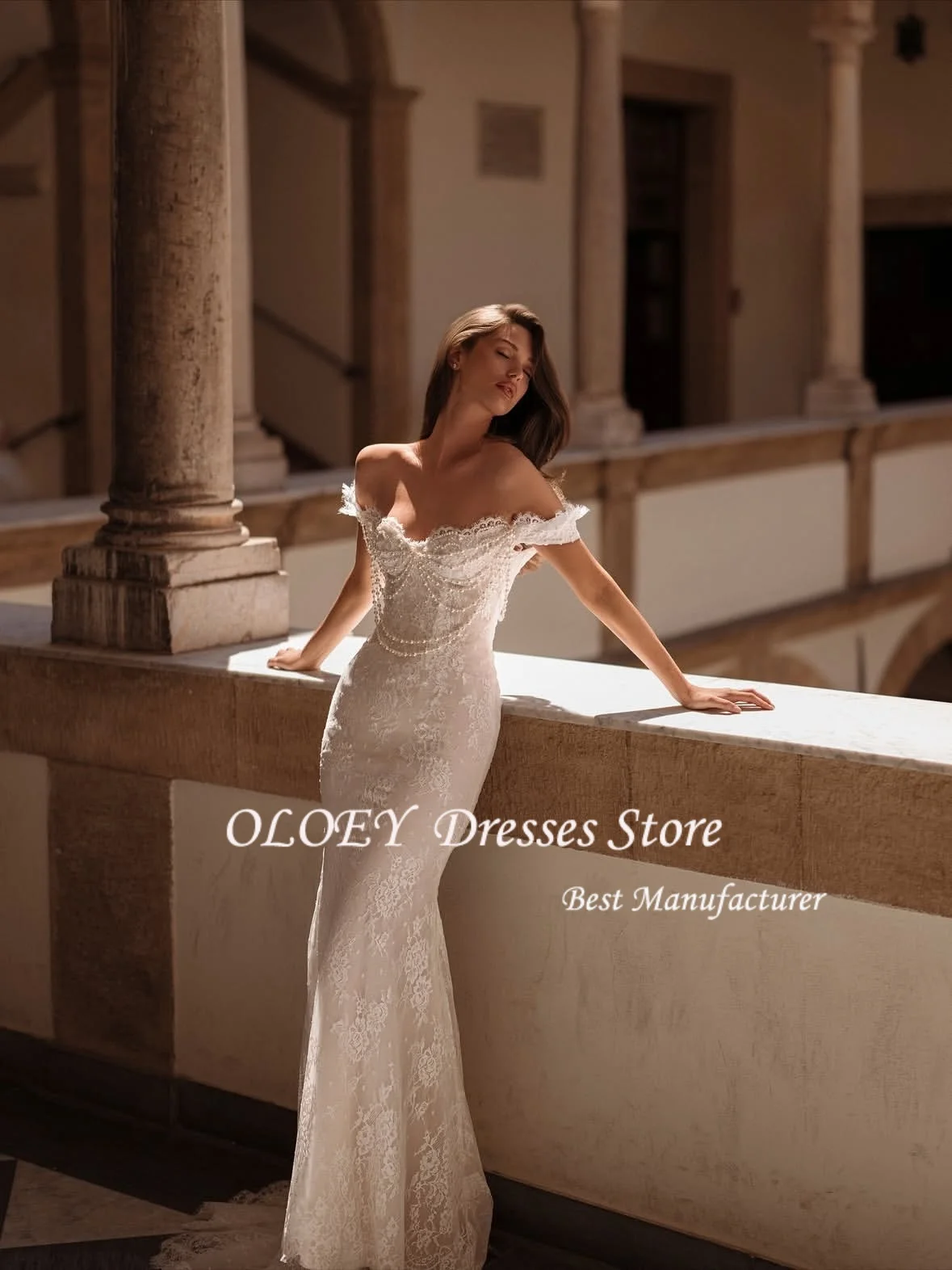 OLOEY Sweetheart Off spalla Perle Abito da sposa a sirena 2026 Splendido pizzo staccabile treno tromba abito da sposa personalizzato