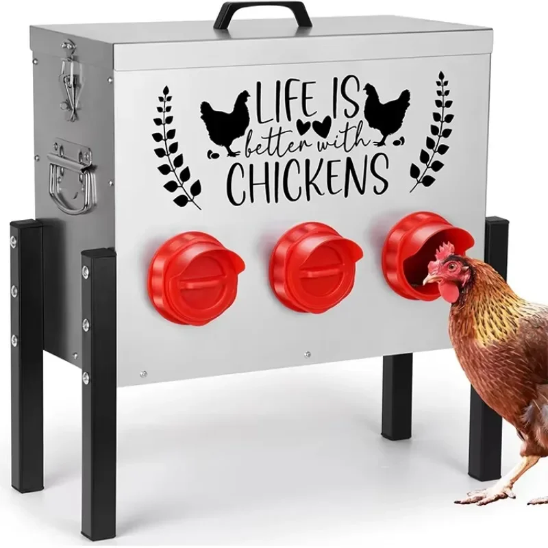 

Mechanical Automatic Poultry Feeder Box Weatherproof 6 Feeder Ports 30 Pounds Stainless Steel Feeder with Plug